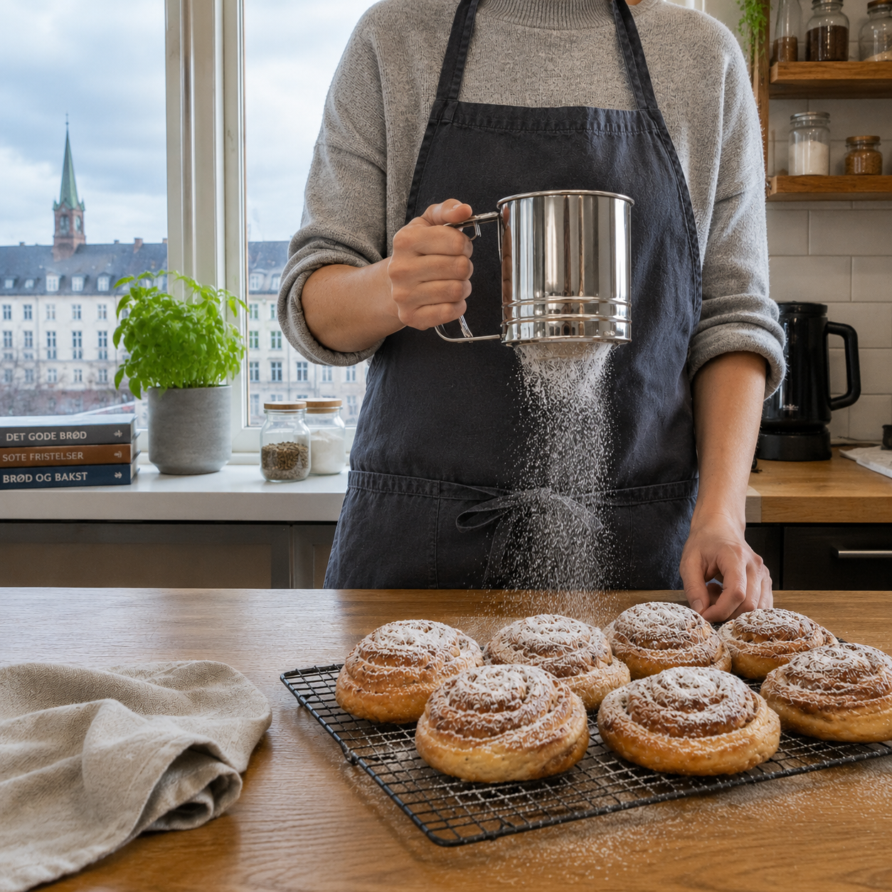 Melsikt i rustfritt stål brukt til å drysse melis over nystekte kanelboller på rist i et moderne kjøkken.