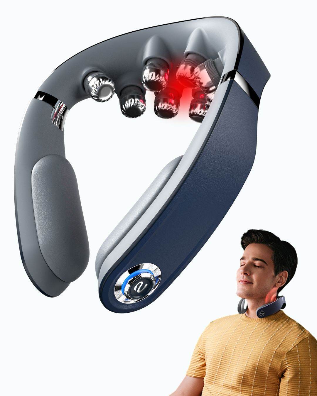 Stor visning av SKG G7 Pro Fold nakkemassasjeapparat med opplyste massasjehoder som sender ut rødt lys. I forgrunnen sitter en mann avslappet og nyter behandlingen, med apparatet plassert rundt nakken for målrettet smertelindring.