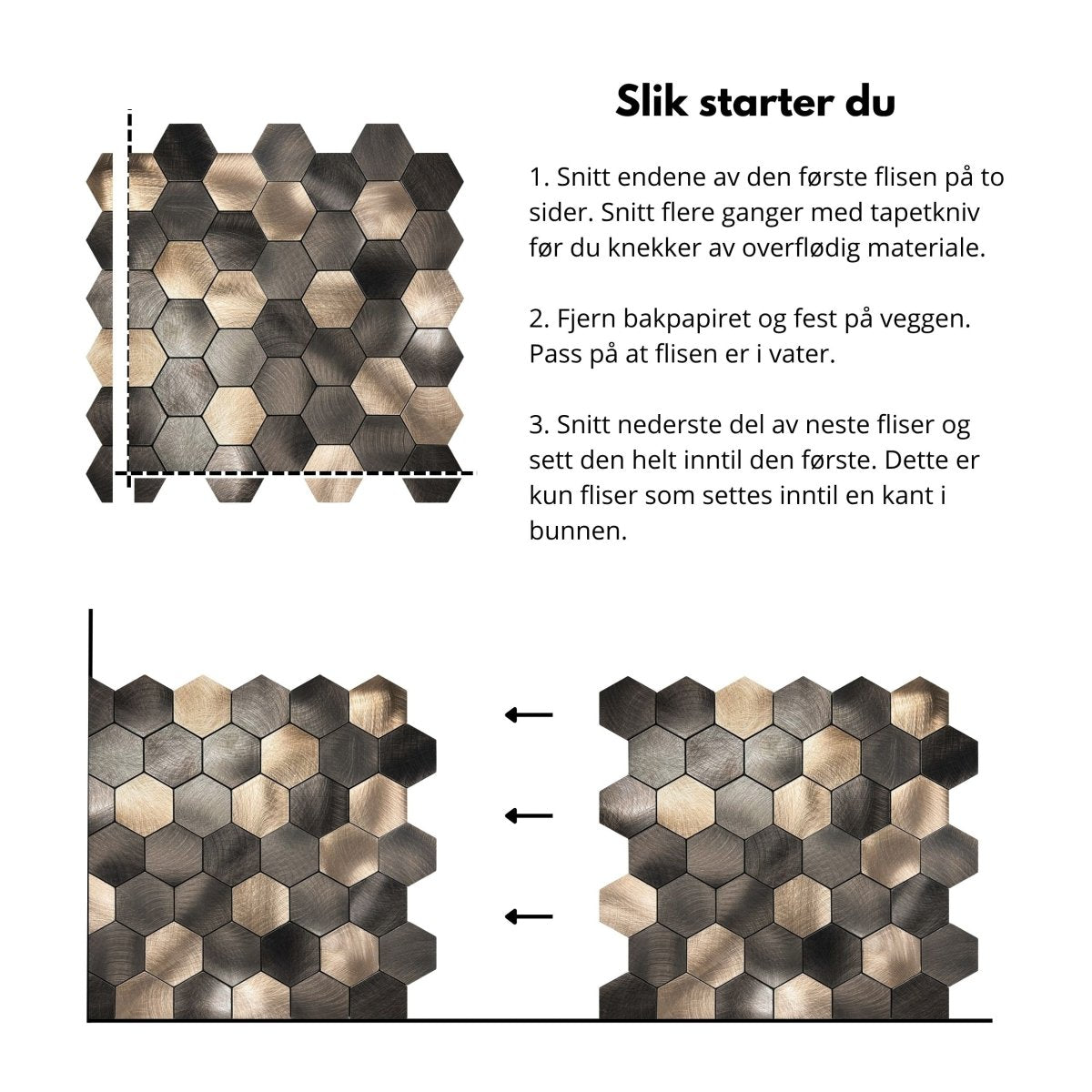 10 - pk Latte hexagon selvklebende veggfliser - Lindas Dekor