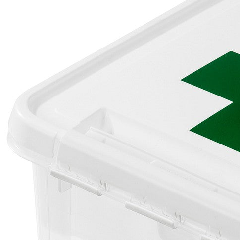 Førstehjelpsboks til bil og camping med tydelig symbol på lokket