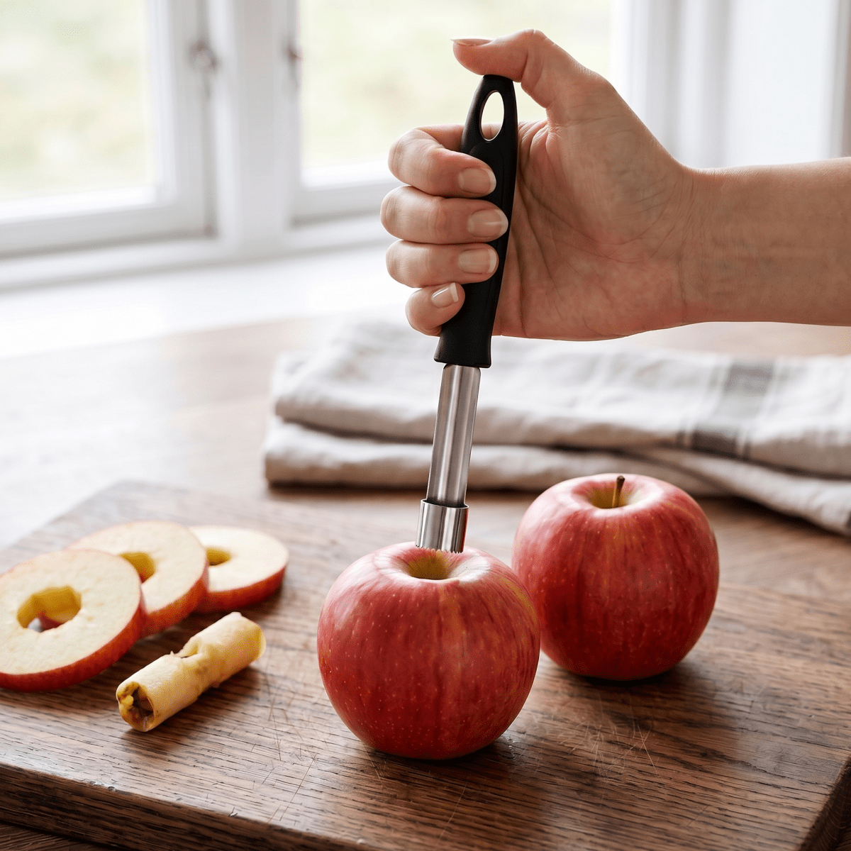 Äppleskärer i rostfritt stål från KitchenCraft använd på röda äpplen på en träbänk, perfekt för snabba och jämna äppleskivor.
