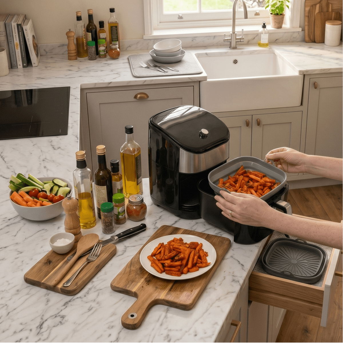 Grått sammanläggbart silikoninsats för airfryer 22 x 22 cm fylld med krispiga sötpotatisfryer på ett ljust kök med airfryer och köksutrustning