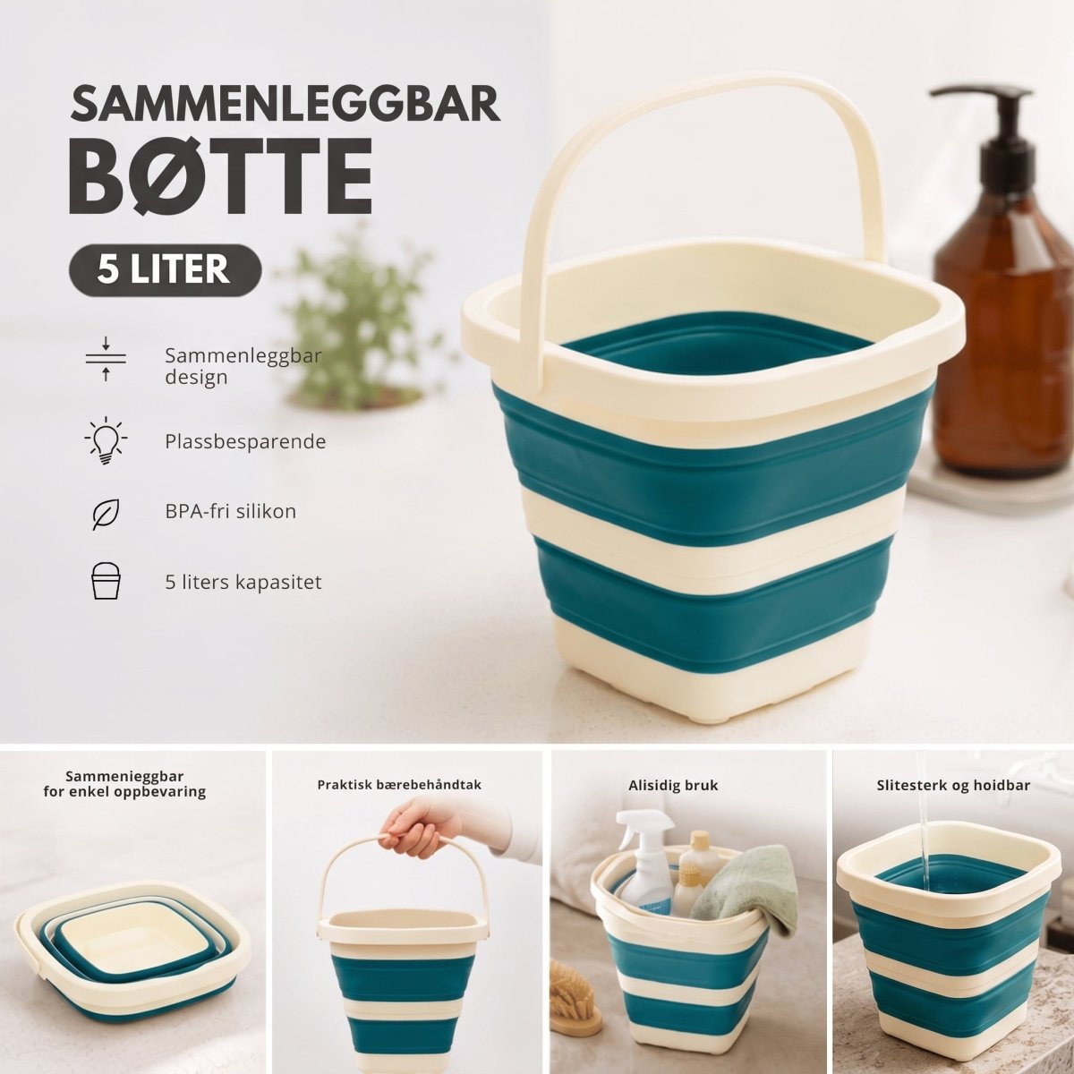 Sammenleggbar bøtte 5 liter blå vist både utslått og sammenfoldet