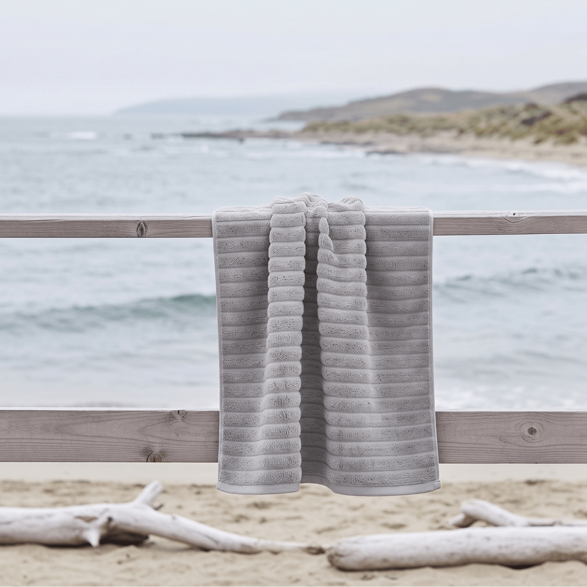Grått Inu badehåndkle fra Zone Denmark lagt over strandstol ved vannet i rolig kystmiljø.