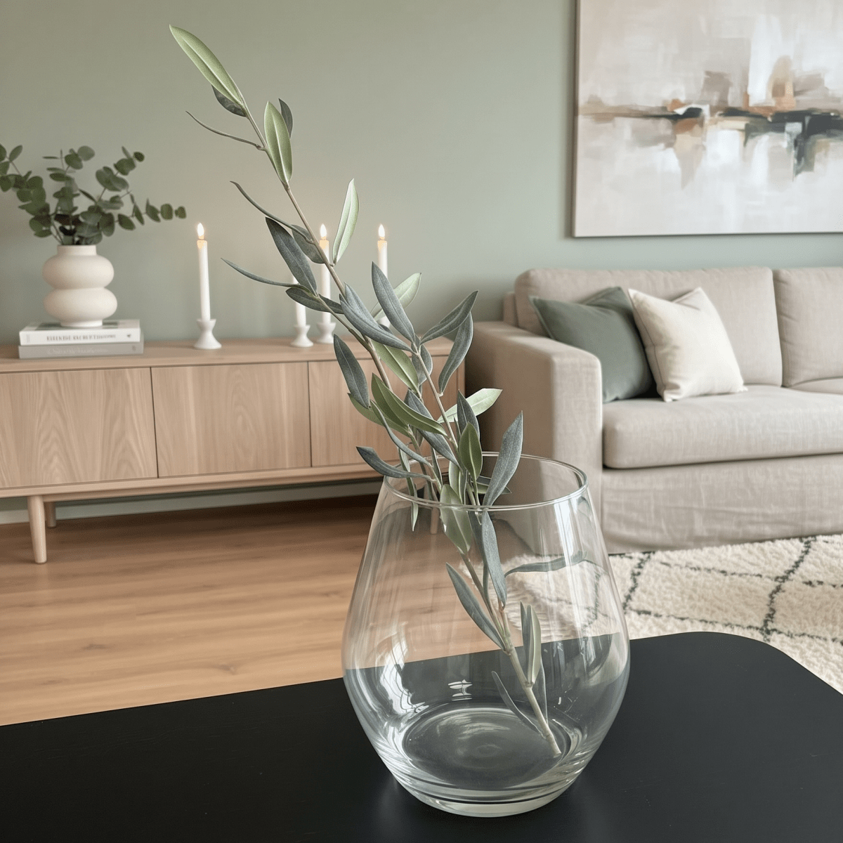Kunstig olivenkvist i glassvase på bord i lys og moderne stue
