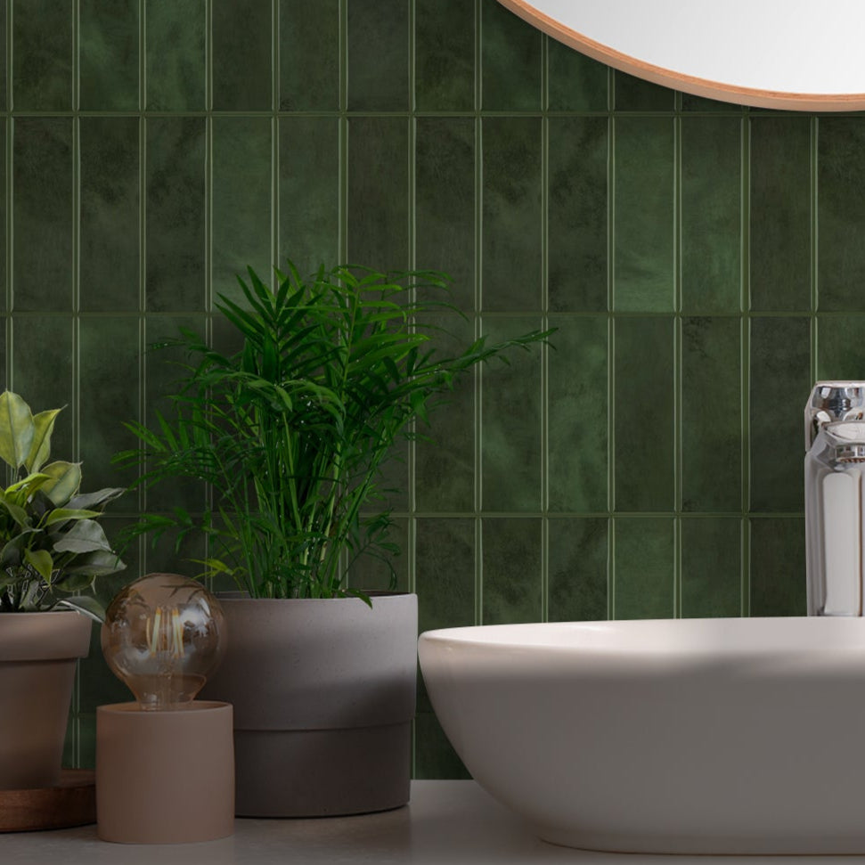 Størrelsesoversikt for Adelina grønn selvklebende fliser – praktisk rektangulært design for kjøkken og bad.