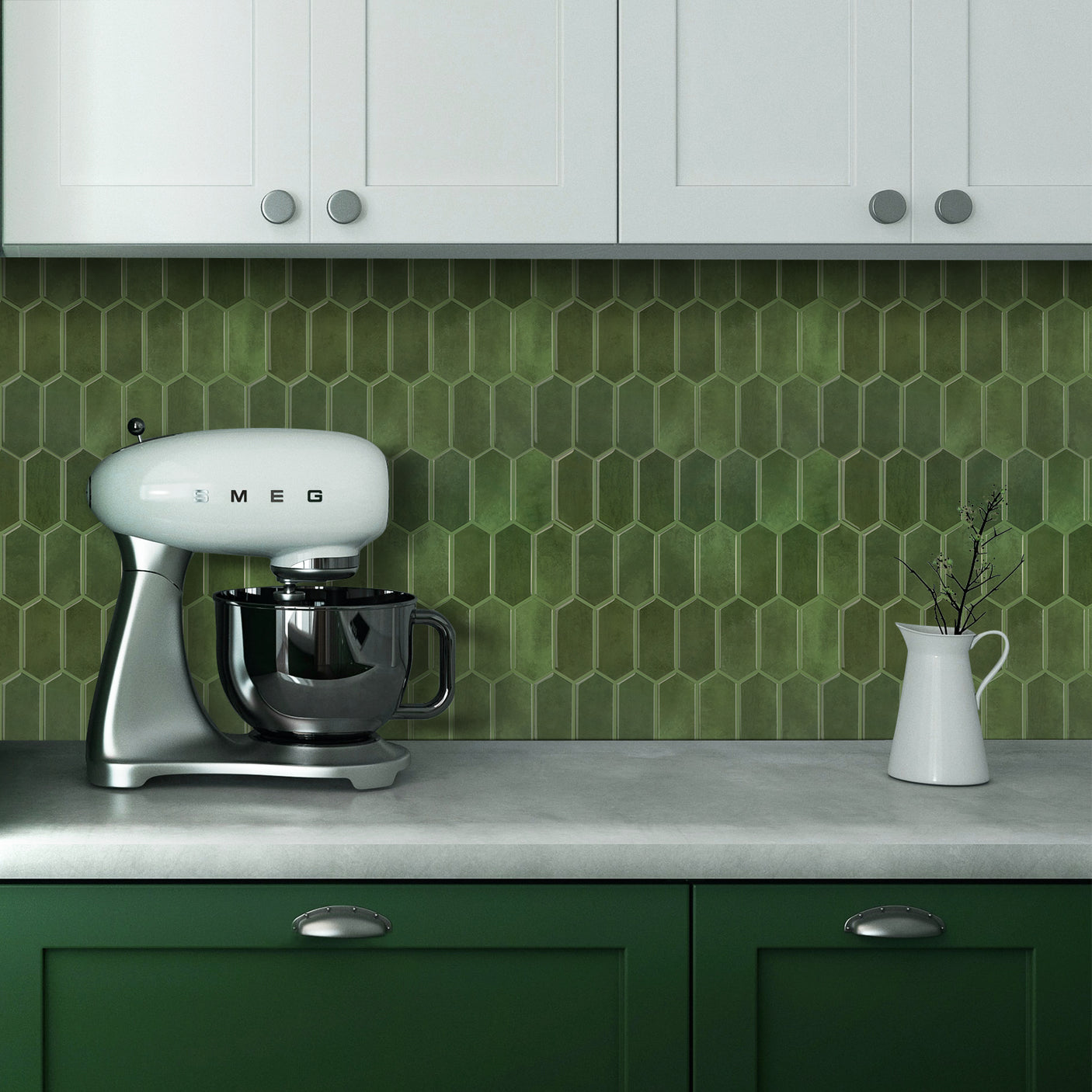 Alexandra Grønn veggflis tåler fukt og varme, ideell for bad.