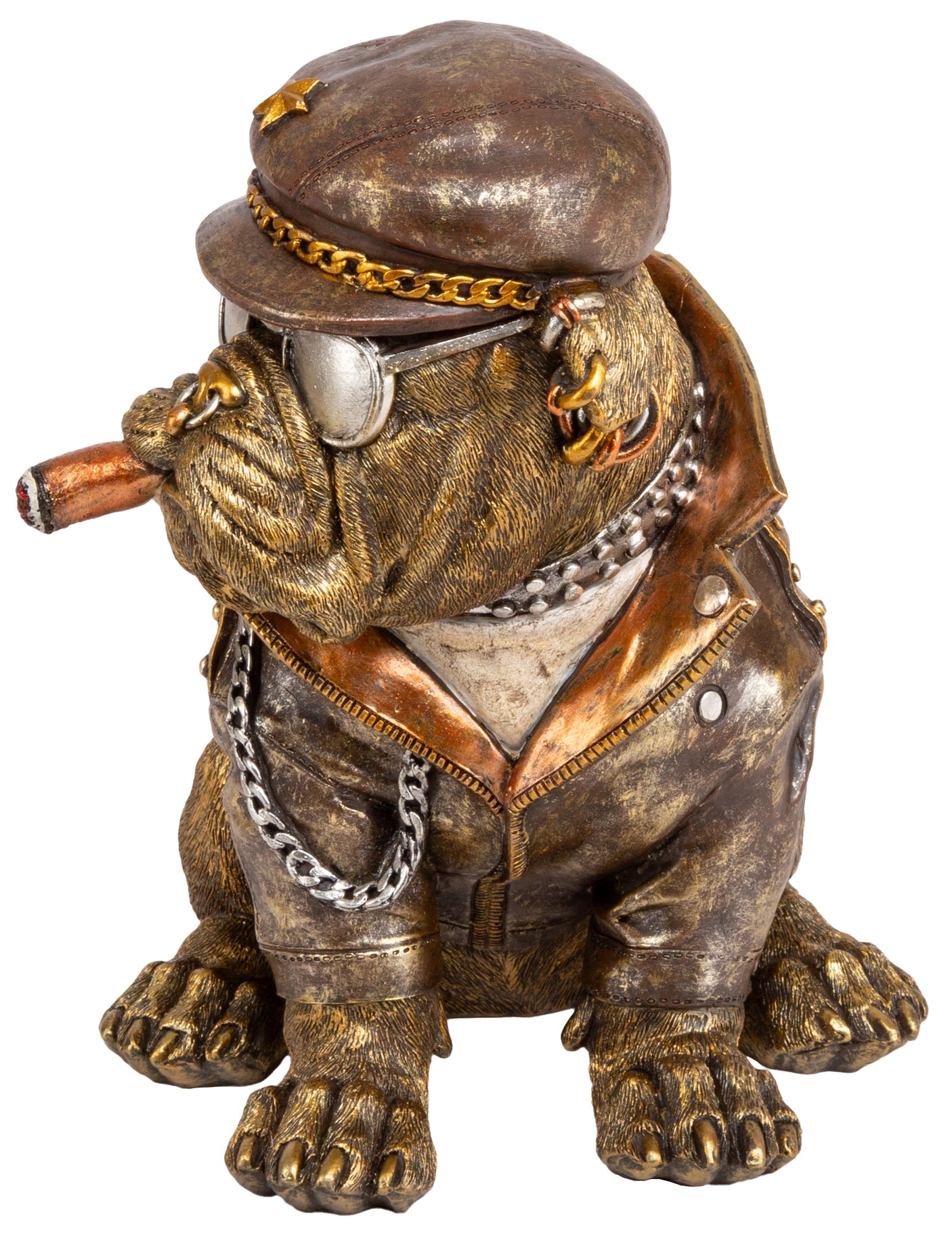 Hundefigur i lærjakke med kjede og sigar – morsom dekor til hjemmet