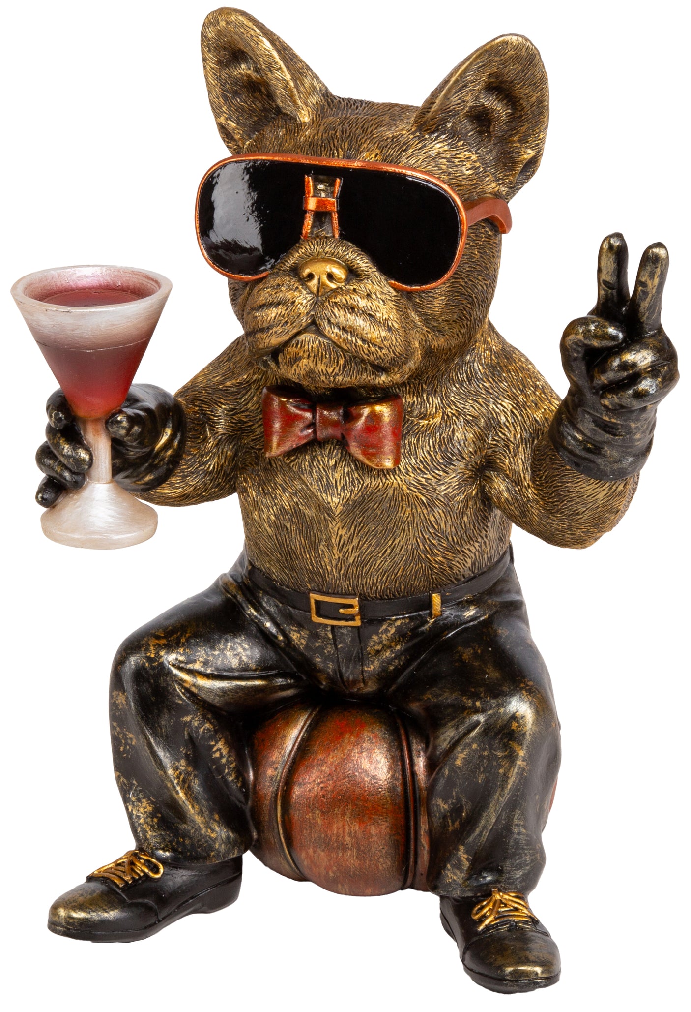 Hund med solbriller og drink – dekorfigur i bronse og gull