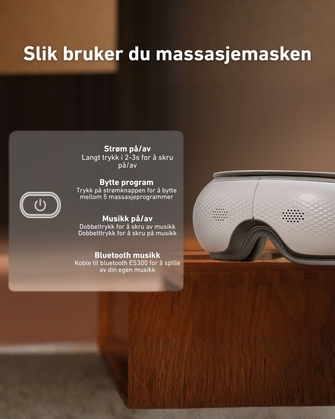 Massasjemaske for migrene og hodepine med enkel betjening – strømknapp, 5 programmer og Bluetooth-tilkobling for musikk