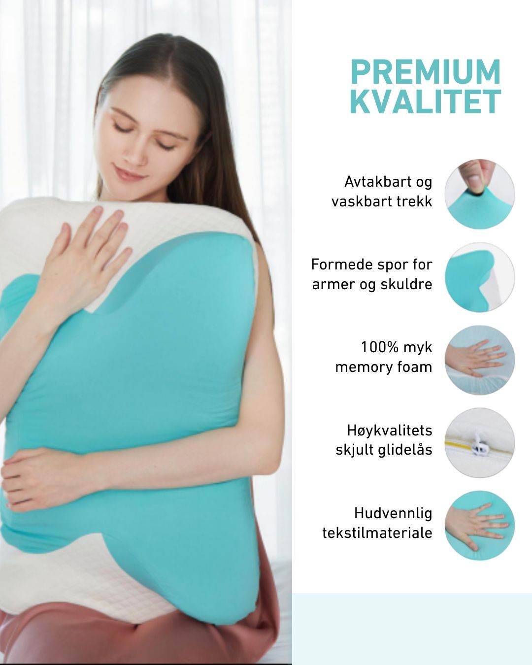 Premium kvalitet pute av minneskum. Hudvennlig tekstilmateriale.