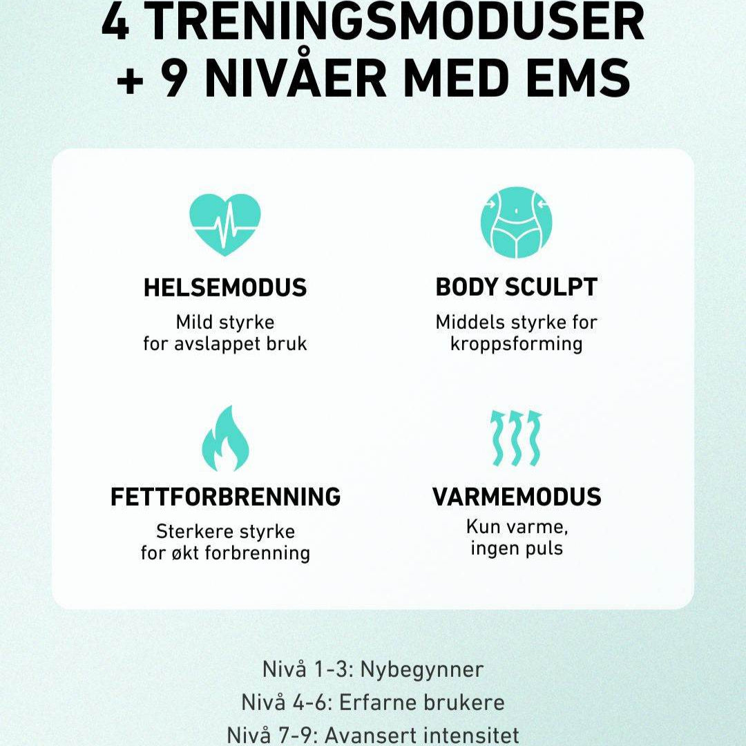 4 treningsmoduser samt 9 nivåer med EMS. Fettforbrenning og varmemodus