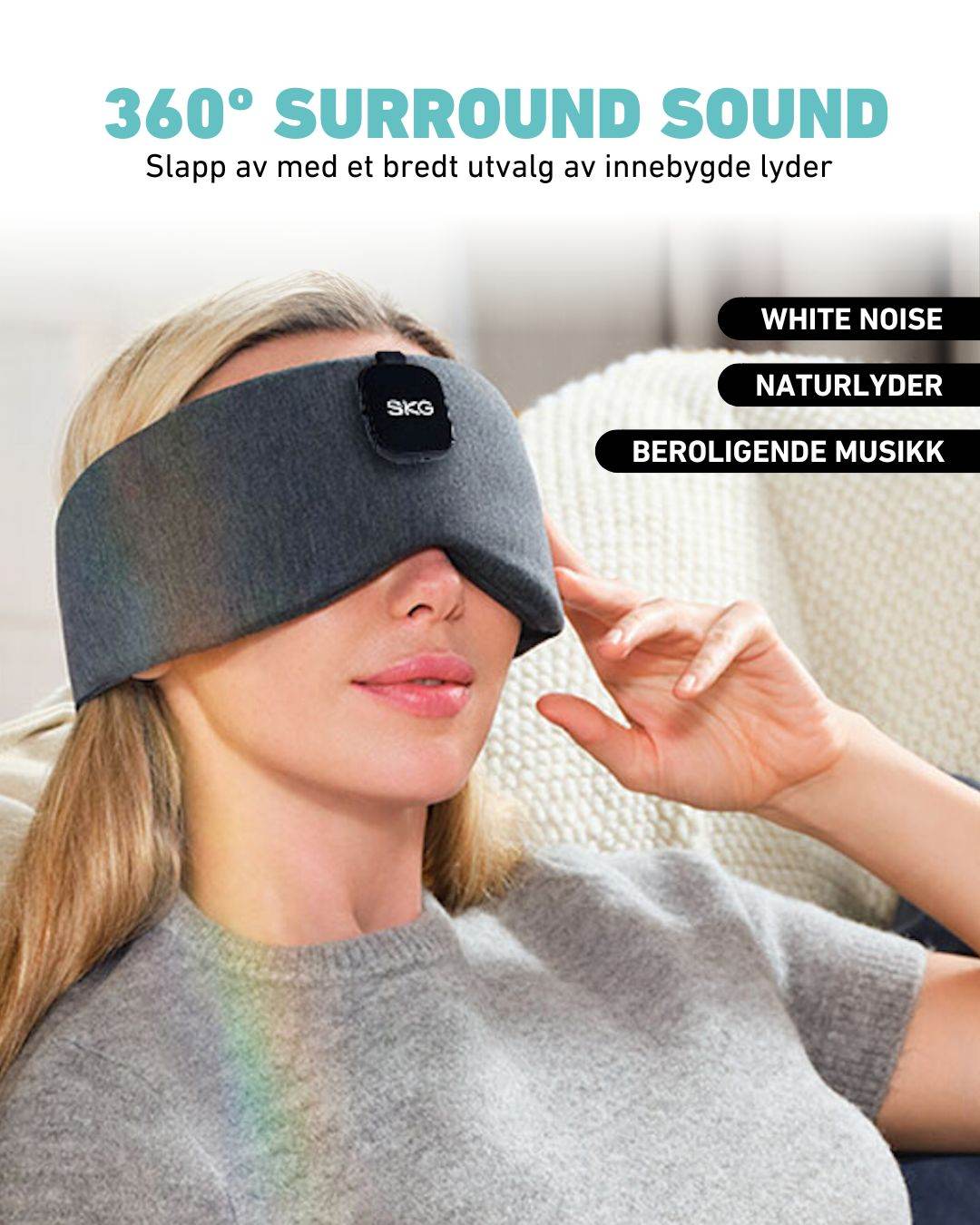 SKG Restore Pro sovemaske med 360° surround sound og innebygde lyder som white noise, naturlyder og beroligende musikk.