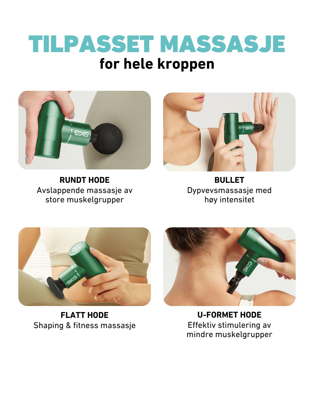 Massasjepistol med tilpassede hoder for hele kroppen – rygg, skuldre og ben