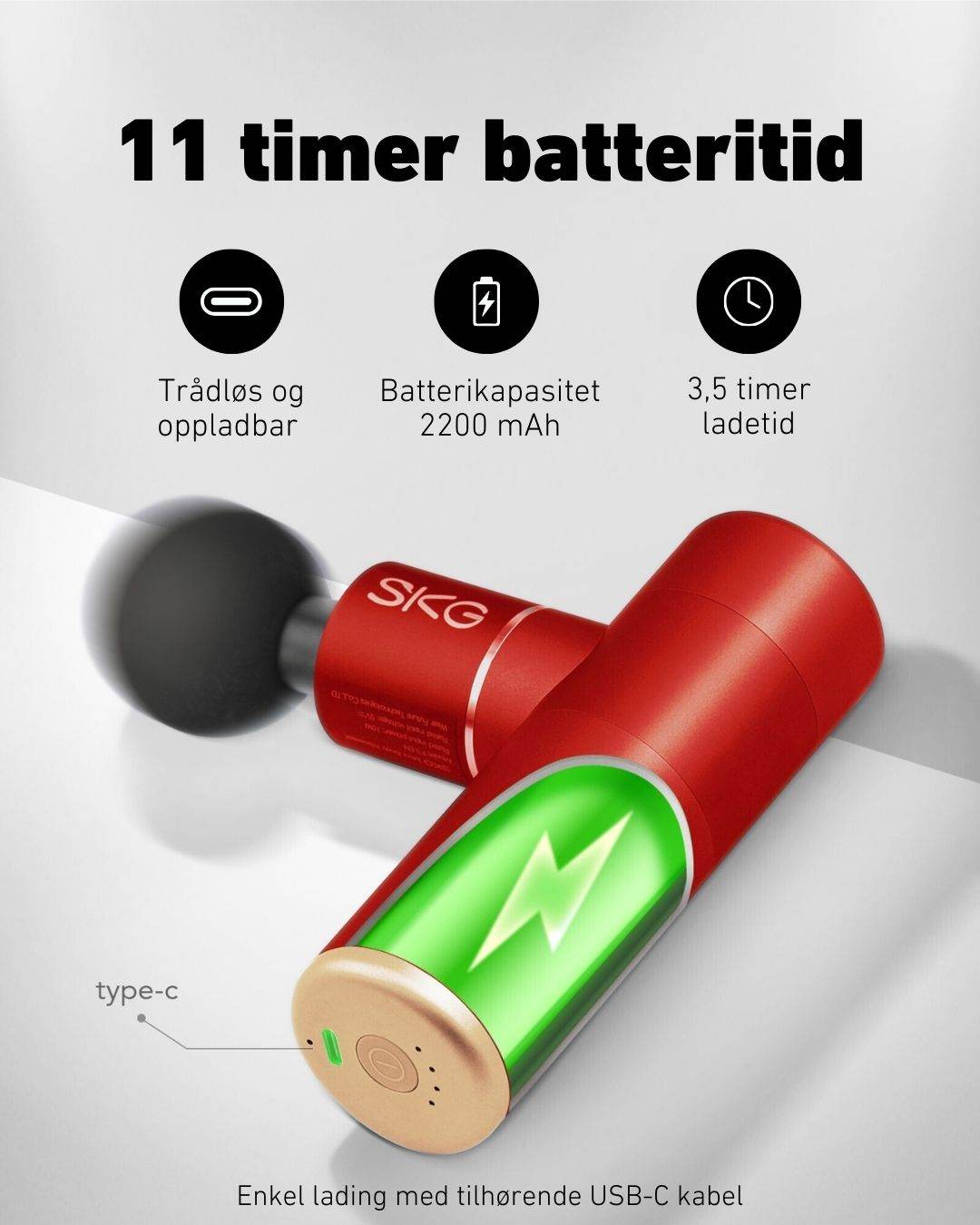 Massasjepistol med 11 timers batteritid og rask USB-C lading