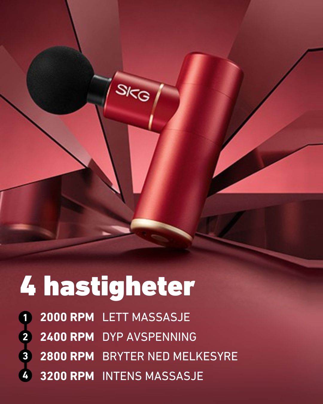 Massasjepistol med fire hastighetsnivåer fra lett massasje til intens restitusjon