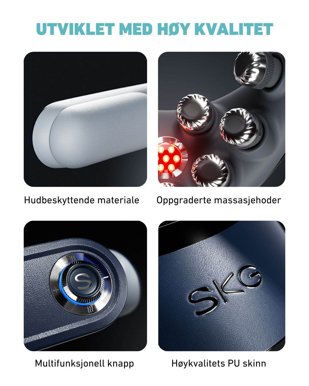 Detaljbilde av SKG G7 Pro Fold massasjeapparat, viser hudvennlig materiale, oppgraderte massasjehoder med rødt lys, multifunksjonell kontrollknapp og høykvalitets PU-skinn. Illustrerer høy byggekvalitet og premium design