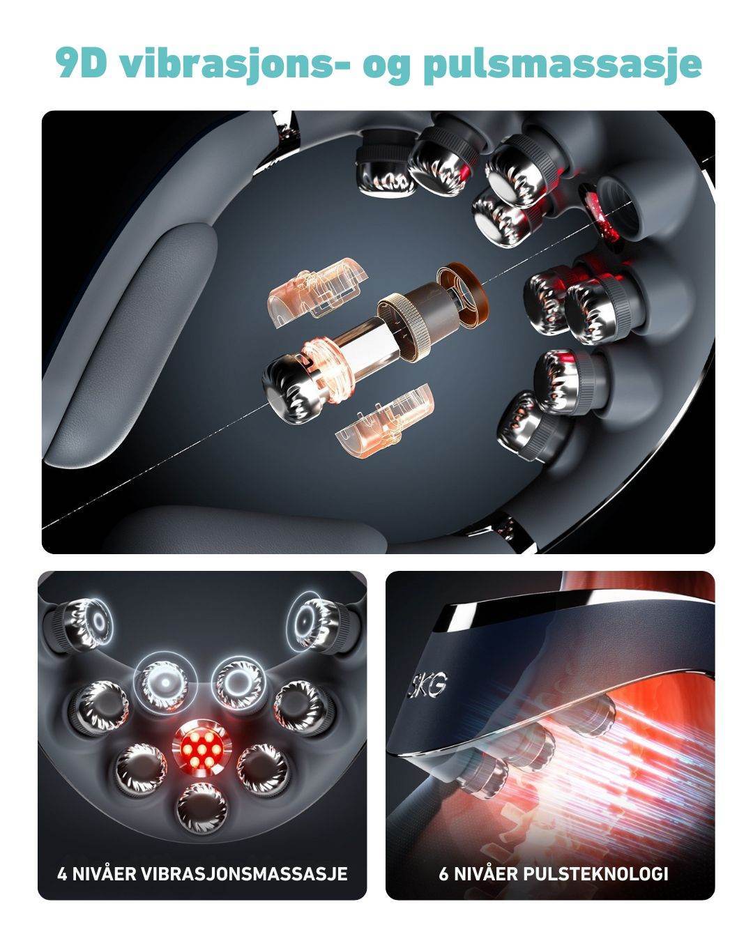Illustrasjon av SKG G7 Pro Fold med avansert 9D vibrasjons- og pulsteknologi. Viser indre konstruksjon, 4 nivåer av vibrasjonsmassasje og 6 nivåer av elektrisk pulsbehandling for dyp muskelavslapning.