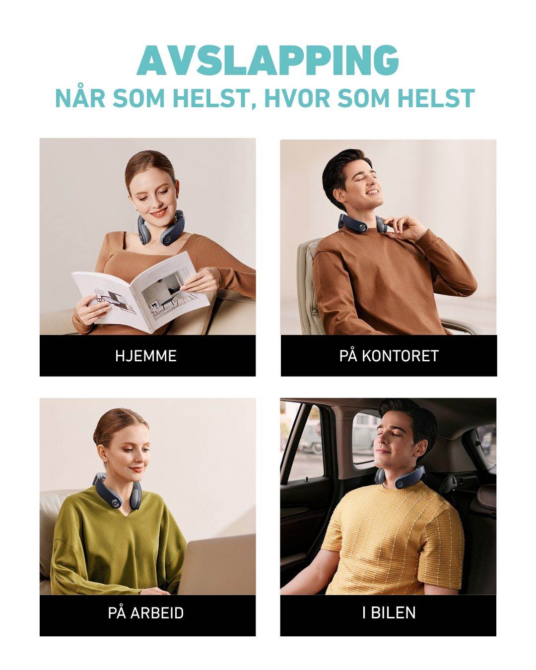 Fire livsstilssituasjoner der SKG G7 Pro Fold brukes: hjemme, på kontoret, på arbeid og i bilen. Viser hvor fleksibel og bærbar massasjebehandlingen er for hverdagsbruk.