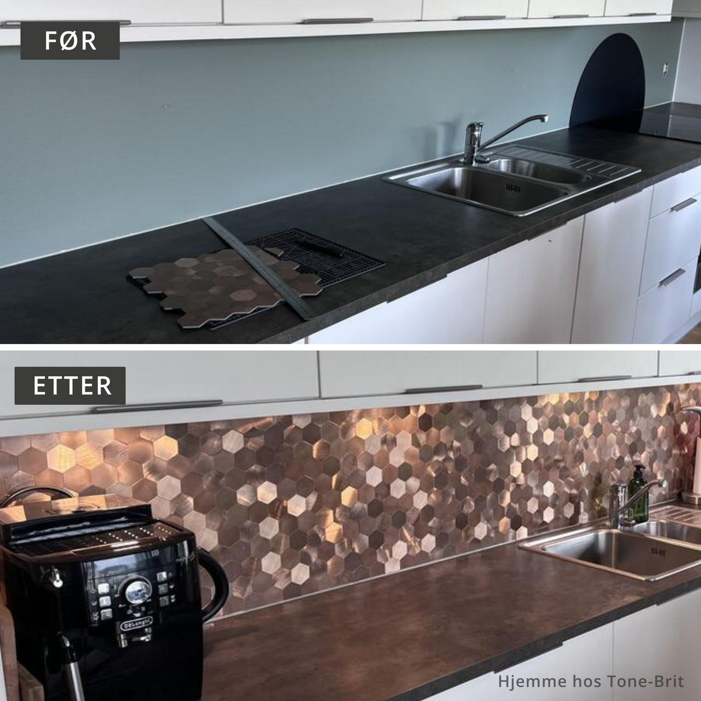 Kundebilde Tone-Brit erfaring med selvklebende fliser fra Lindas Dekor