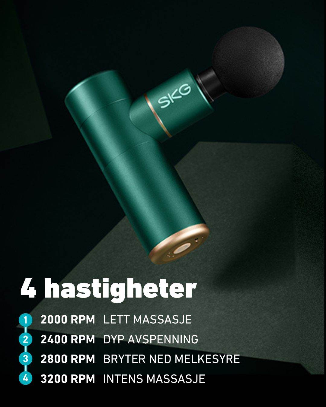 Massasjepistol med 4 hastighetsnivåer fra 1200 til 3200 rpm