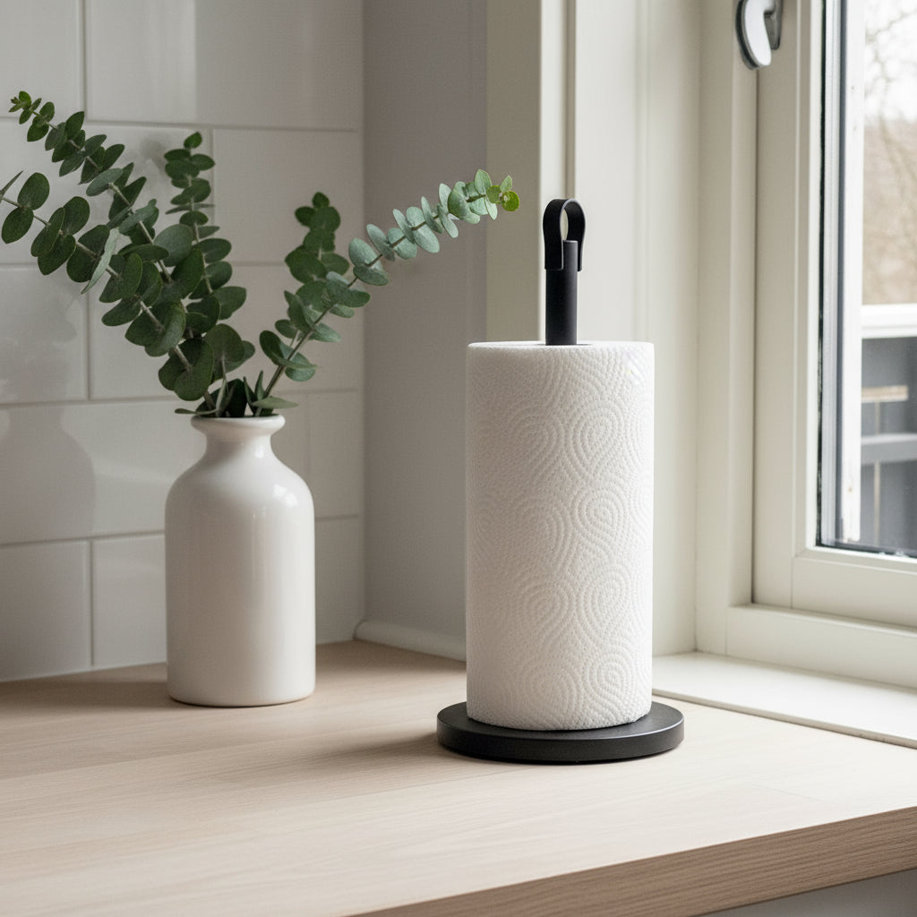 Tørkerullholder i sort metall på kjøkkenbenk ved vindu fra Lindas Dekor