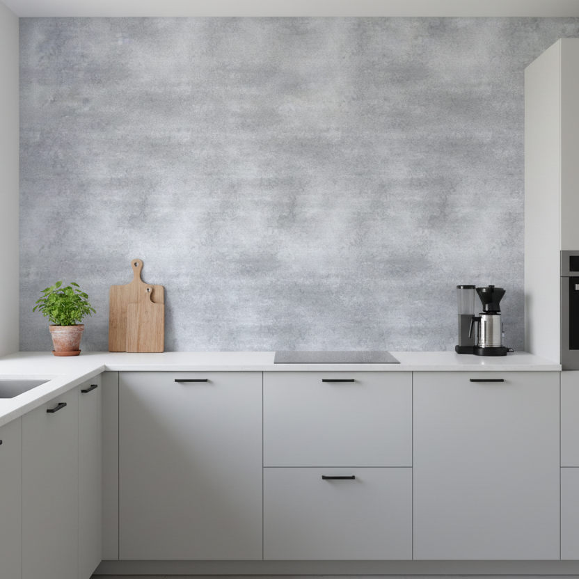 Nærbilde av betonggrå kontaktplast med autentisk betongtekstur og matt finish