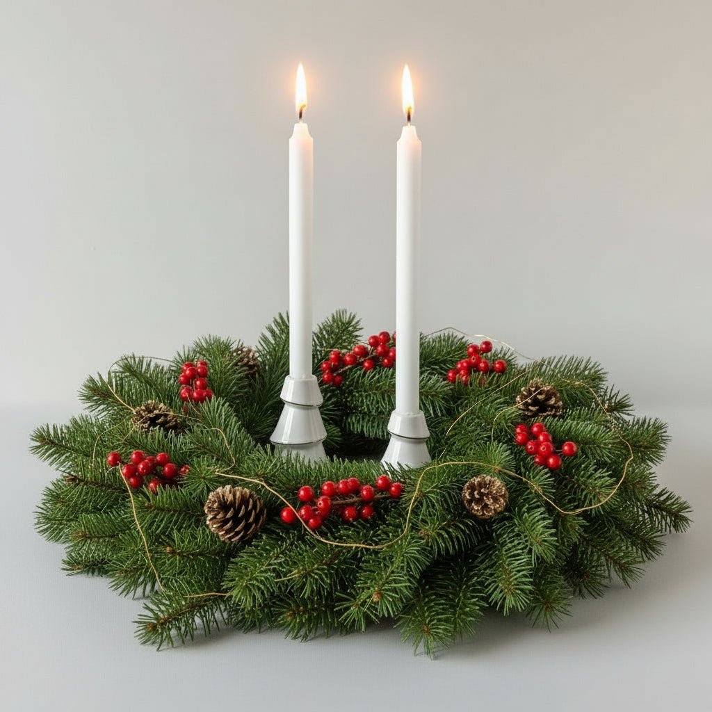 To hvide lysestager formet som juletræer med høje hvide stearinlys.
