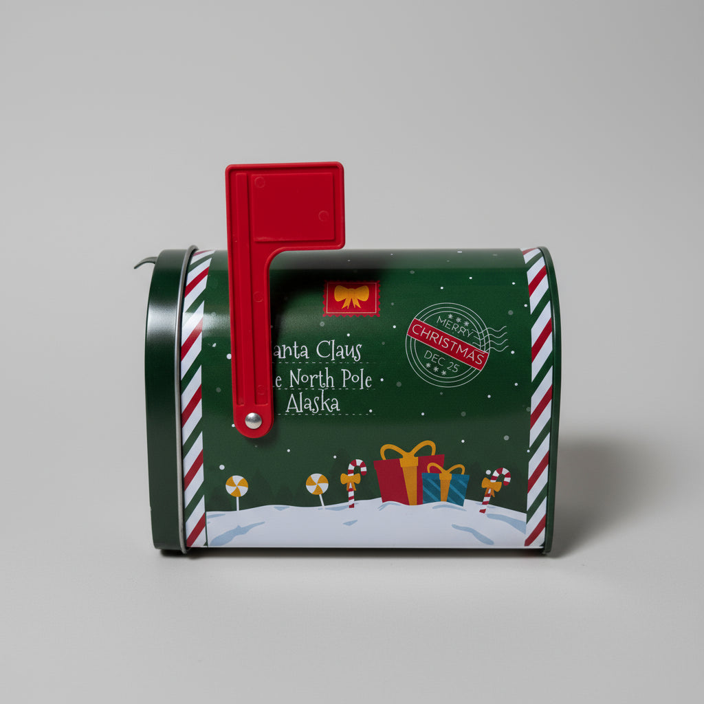 Grønn julepostkasse med rød flagg og motiv av nisse foran juletre på bord