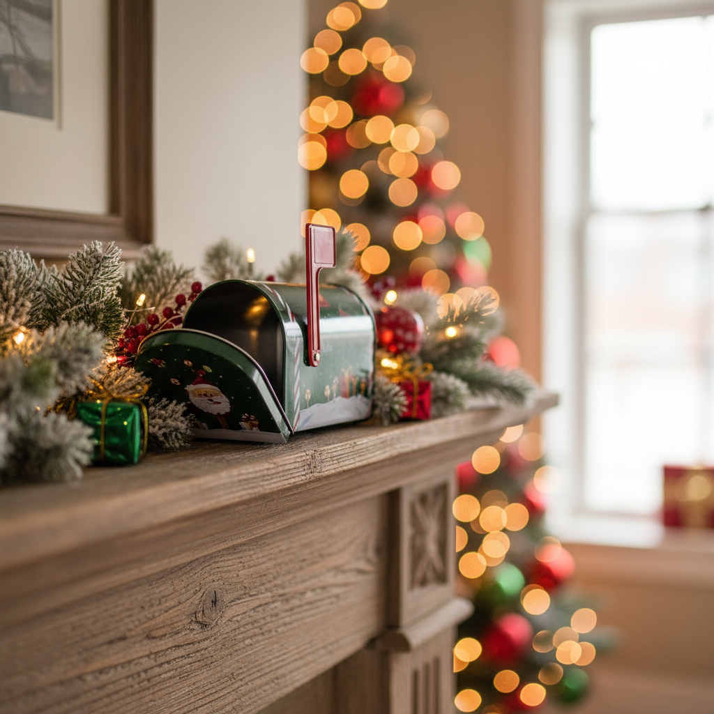 Liten grønn postkasse med nissedekor og rød flagg – juledekor i metall fra Lindas Dekor