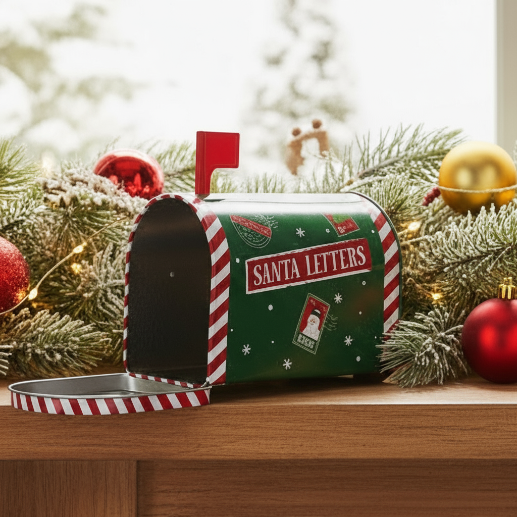 Stor grønn julepostkasse i metall med rød flagg og teksten Santa Letters – julepynt fra Lindas Dekor