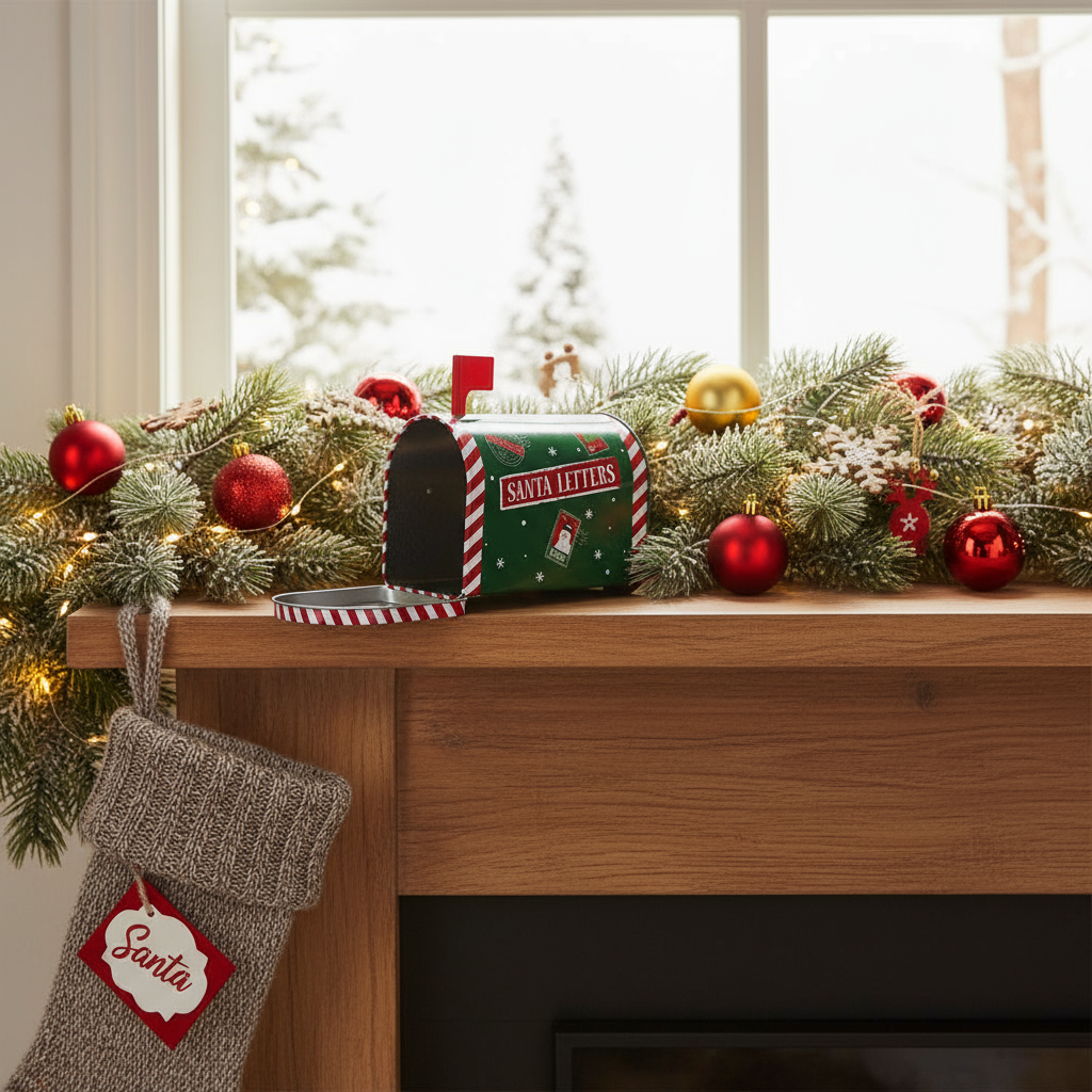 Stor julepostkasse i grønn metall med hvite detaljer og teksten Santa Letters – fra Lindas Dekor