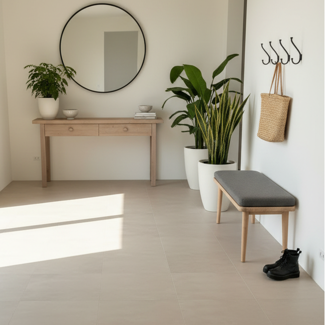 Beige betong fliser brukt i dusjsone med matt overflate