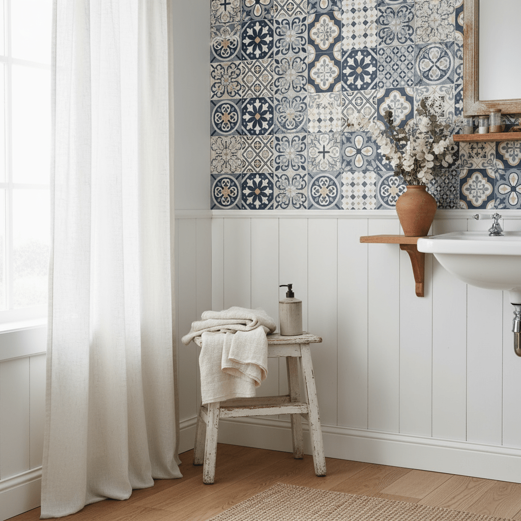 Hjørne med flisfolie i marokkansk inspirert design i blå og sandfarge