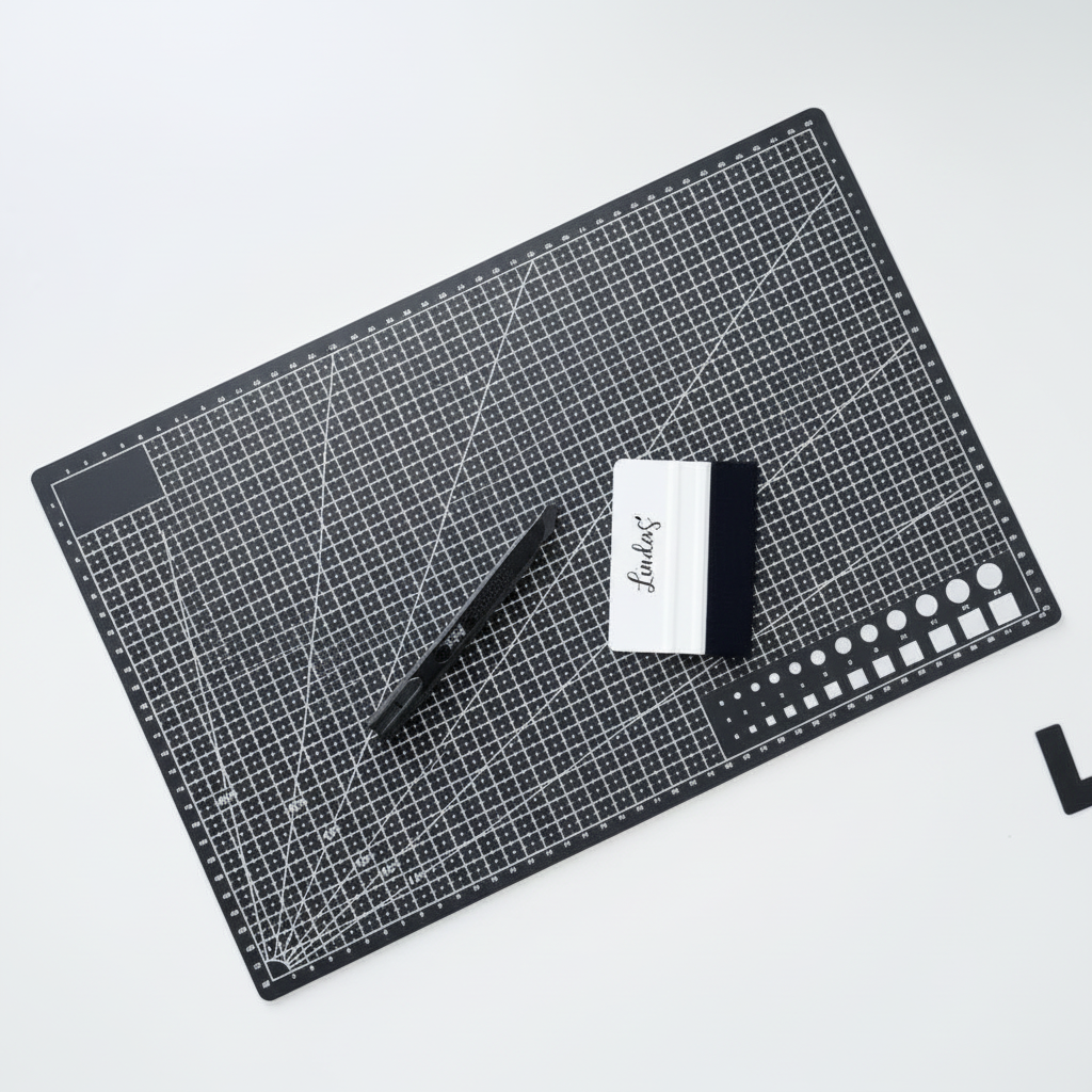 Skjærematte A3 med rutenett foliesletter og tapetkniv brukt til å kutte og glatte kontaktplast.