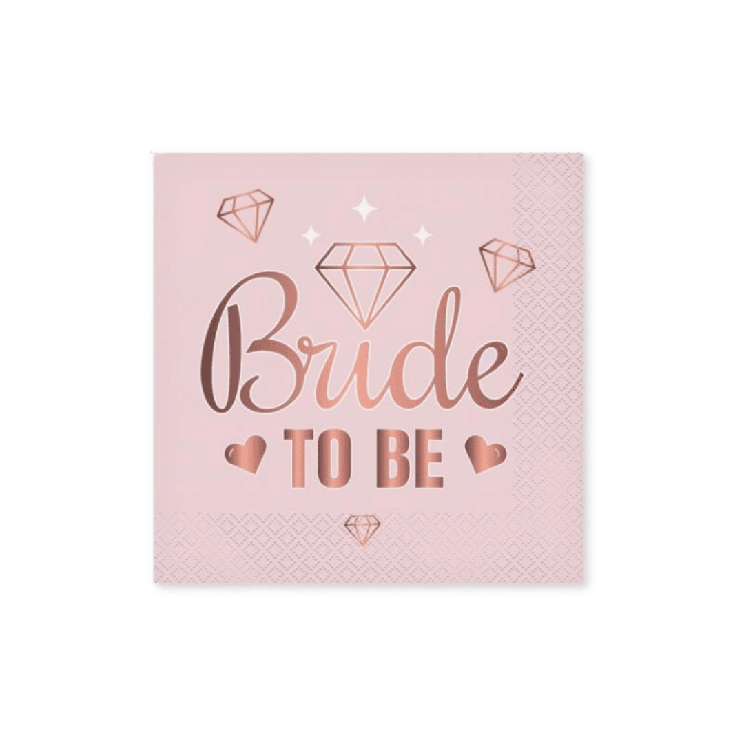 Rosa servietter med teksten "Bride to Be" og dekorative detaljer.