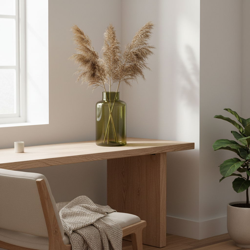 Grønn glassvase i vinduskarm med pampasgress – naturlig interiørdekor fra Lindas Dekor.