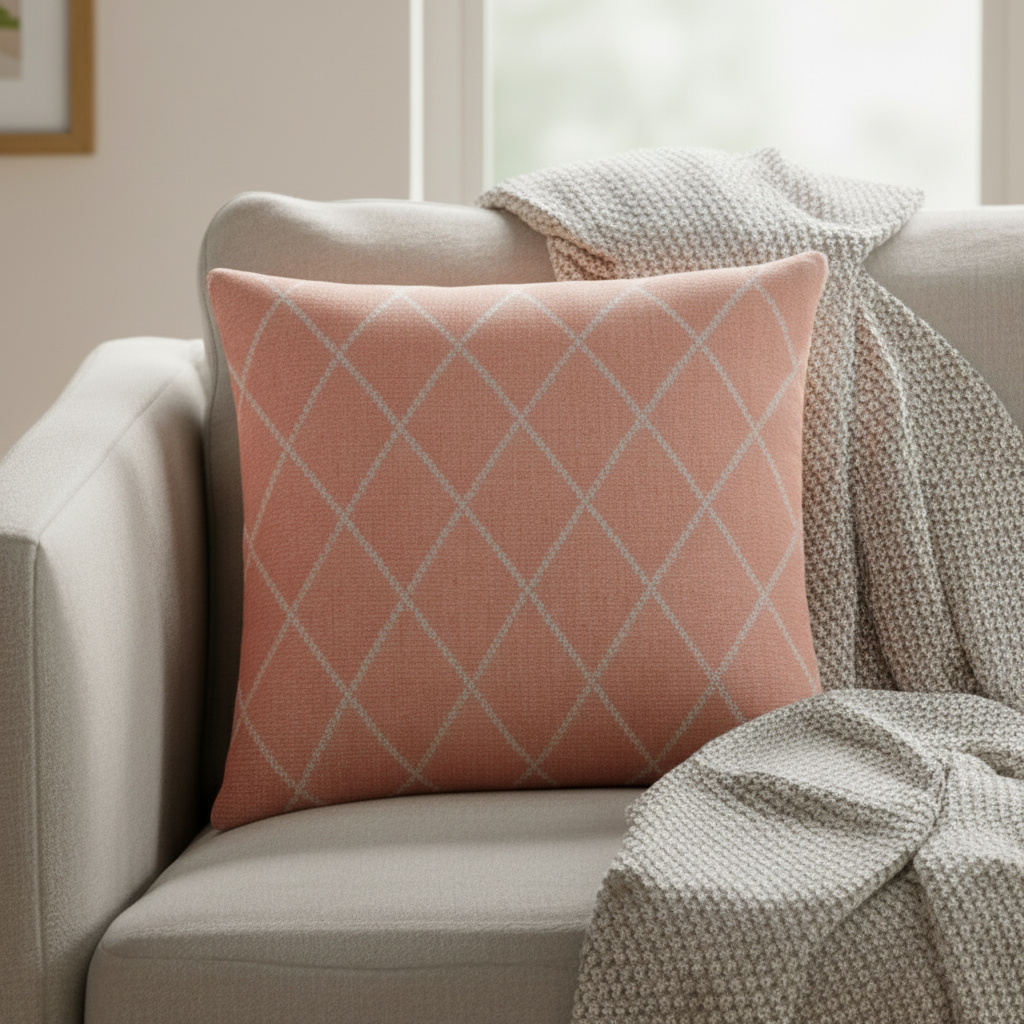 Kvadratisk bilde av rosafarget putetrekk i jacquard bomull