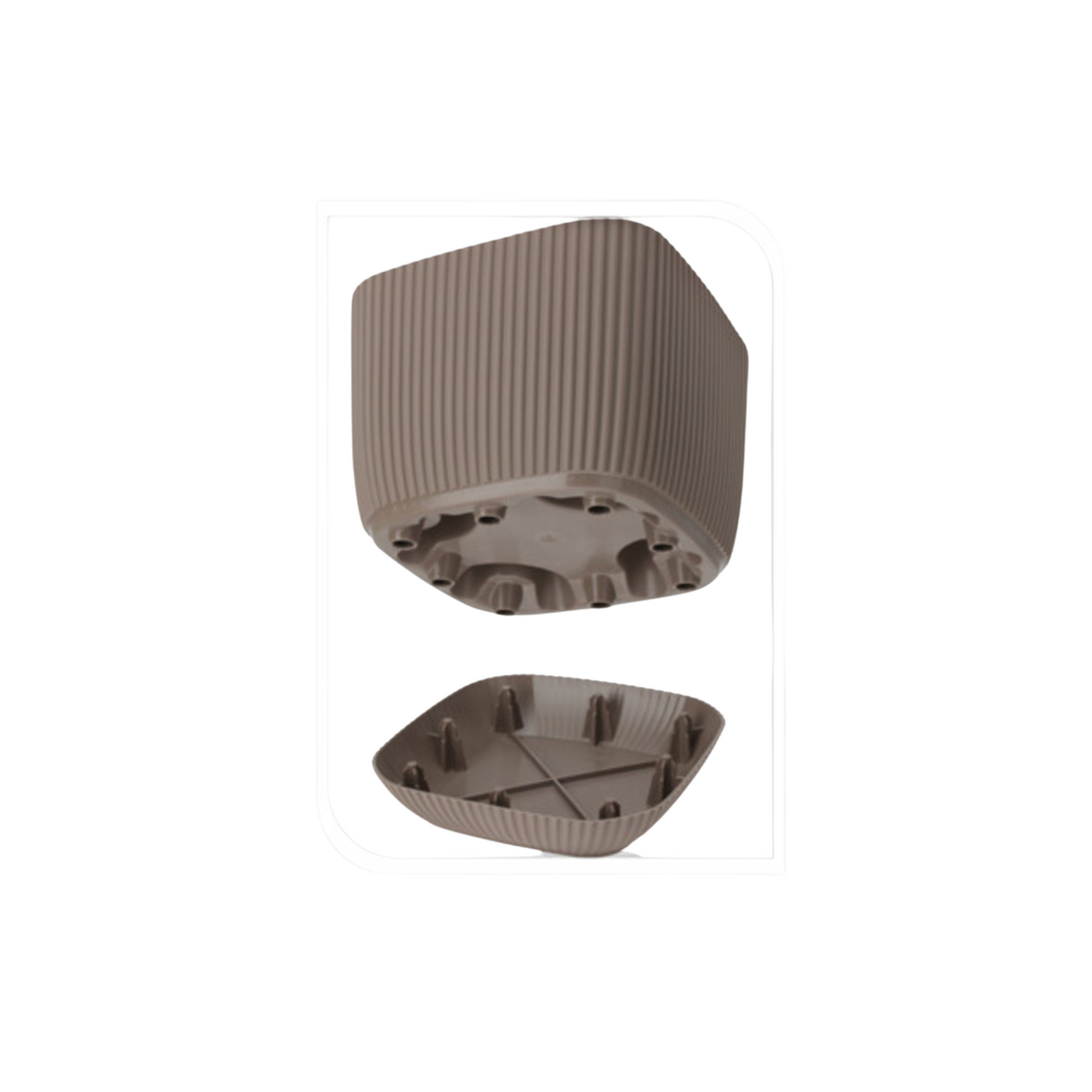 Bunn av brun potte vist separat, med integrert underfat og dreneringssystem.