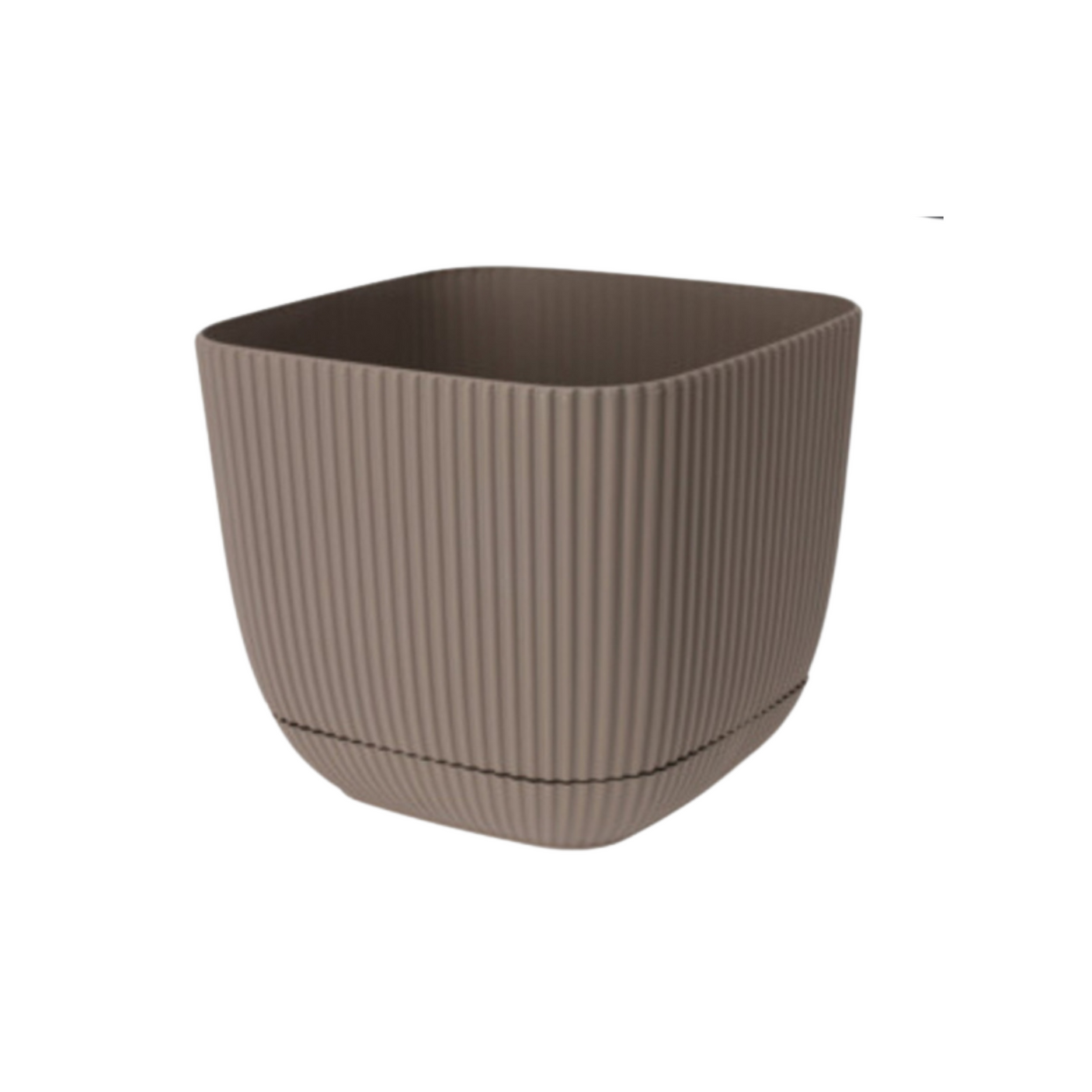 Stilren, brun potte med rillestruktur – vises fra siden mot hvit bakgrunn.