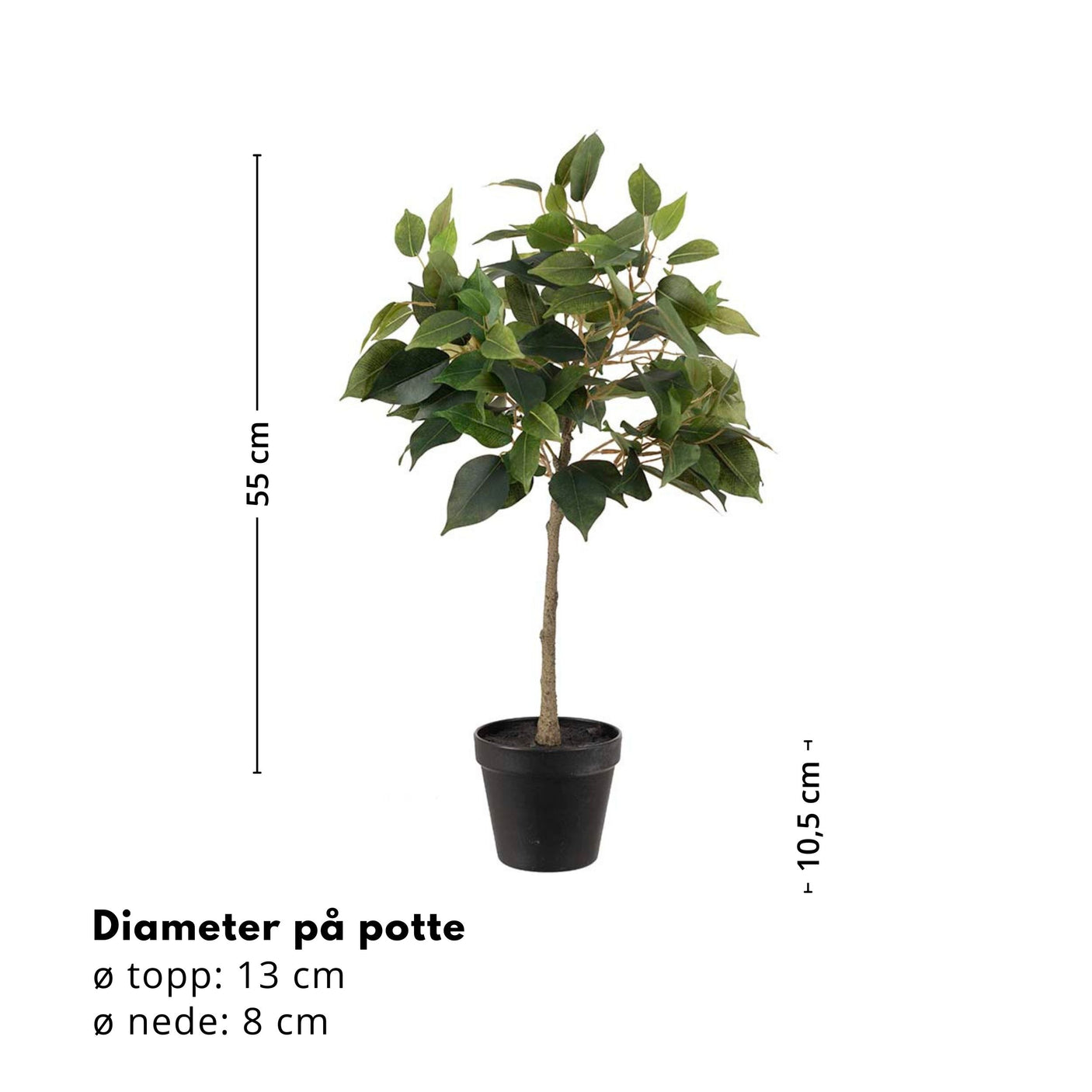 Kunstig tre, 55 cm høyt, potte: 13 cm topp, 8 cm bunn, høyde 10,5 cm. Grønn plante med naturtro blader.