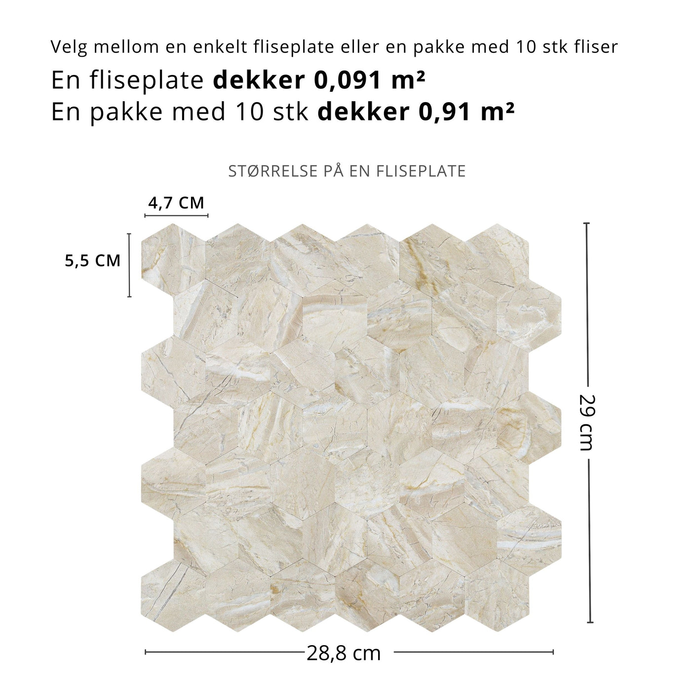 Grace hexagon selvklebende fliser i beige marmor-design, mål 28,8 x 29 cm per plate, dekker 0,091 m² per flis og 0,91 m² per pakke på 10 stk – perfekt til kjøkken og bad.