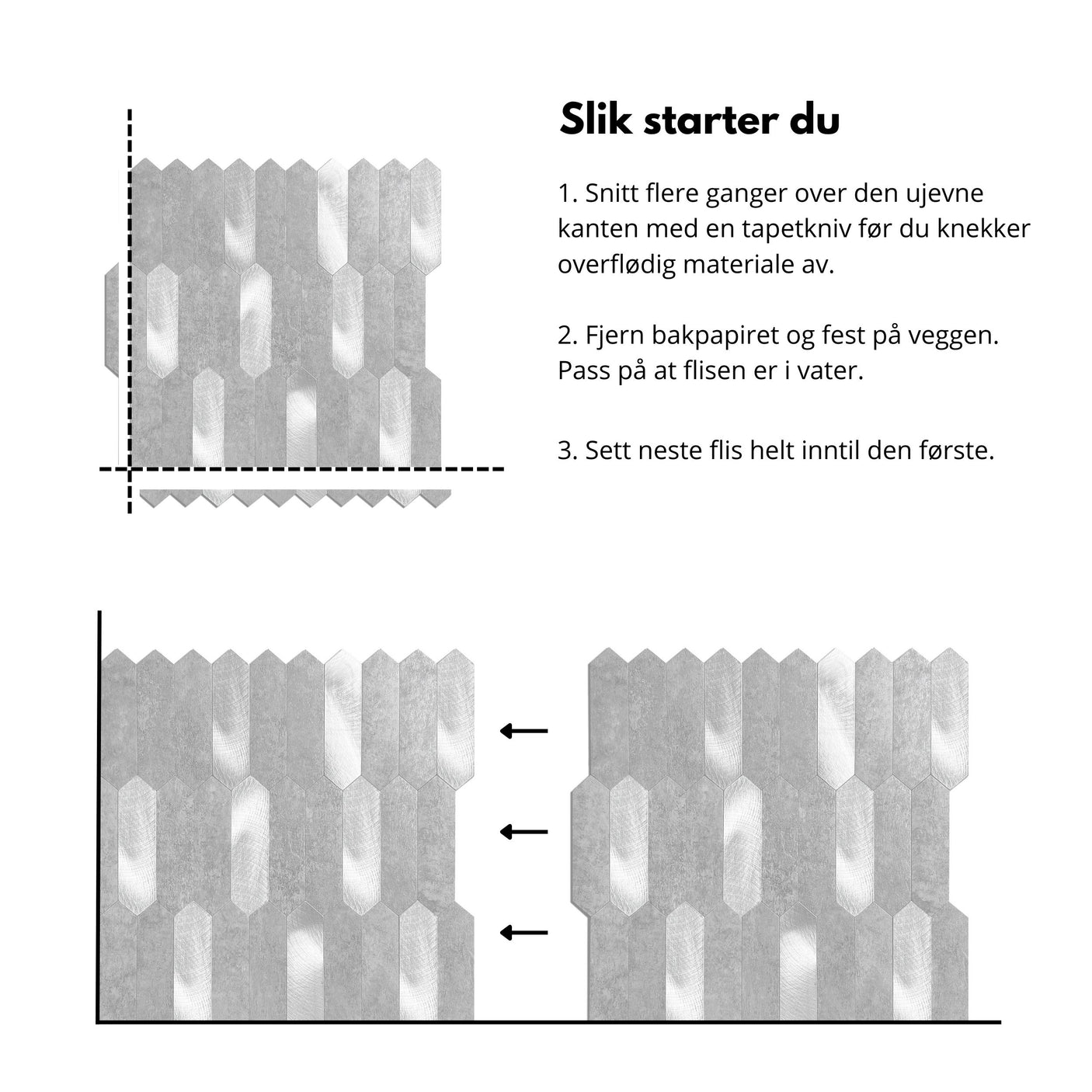 Demonstrasjon av montering av Stein lys grå hexagon selvklebende fliser