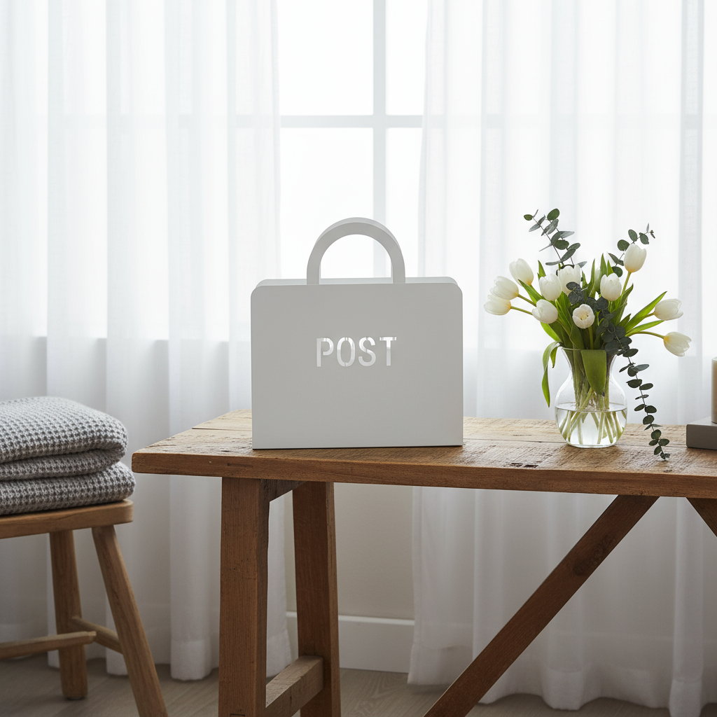 Hvit dekorativ metallbag med håndtak, moderne design.