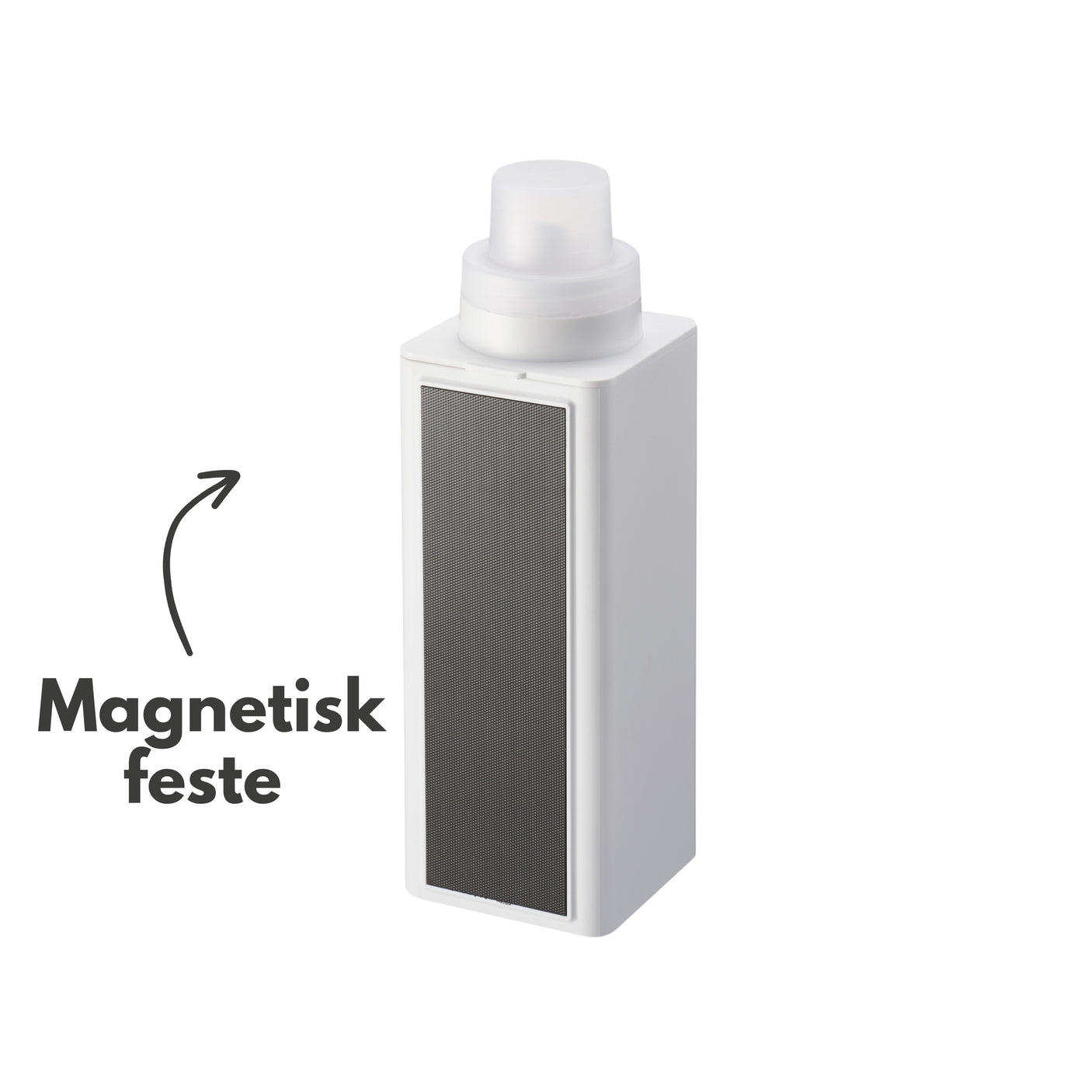 Person heller oppvaskmiddel fra hvit magnetisk flaske.