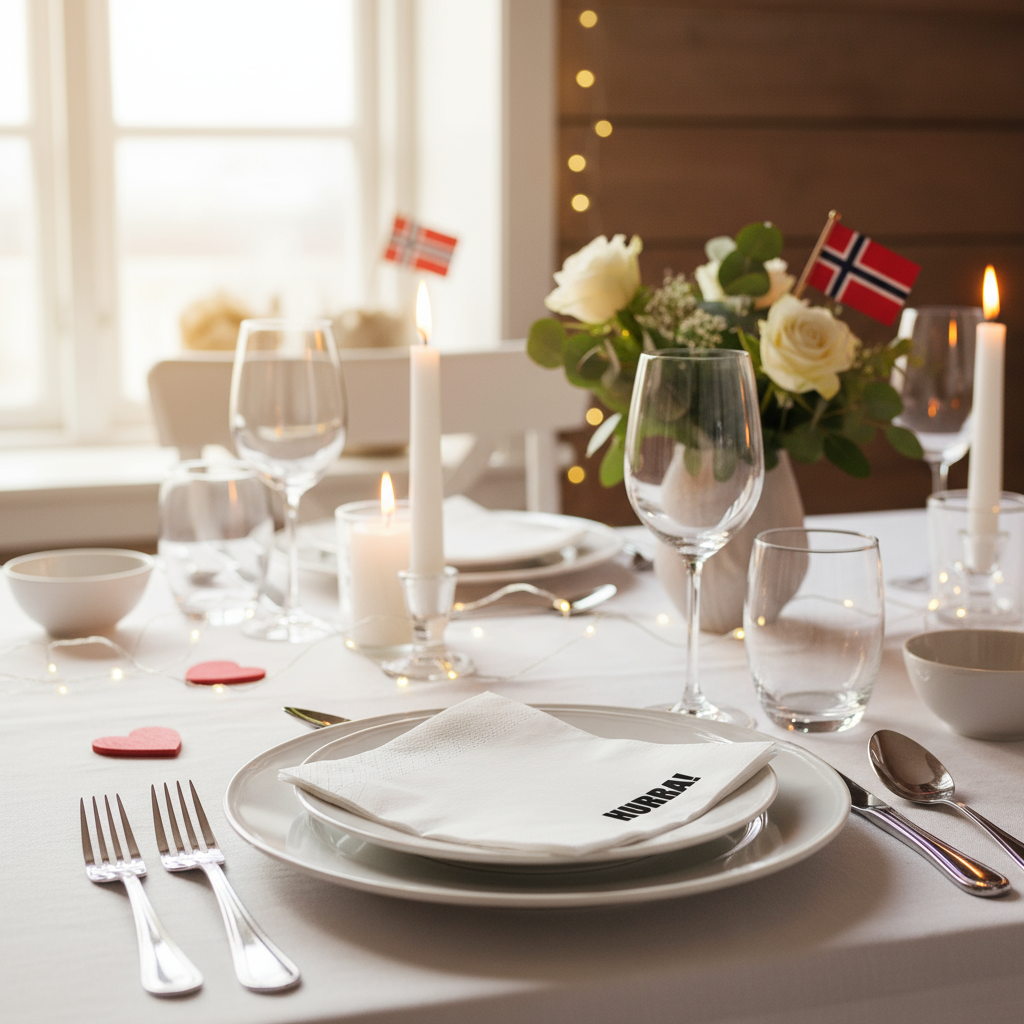 Nærbilde av hvit HURRA-serviett i festdekorasjon