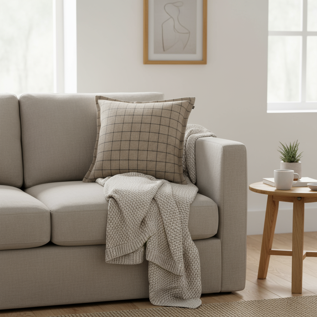 Ullblanding putetrekk med rutemønster i beige