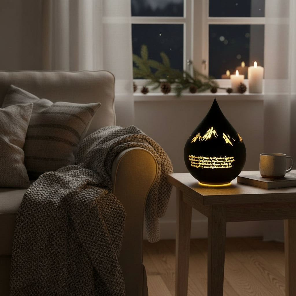 LED lyslykt med utskåret motiv og nordnorsk salmetekst belyst