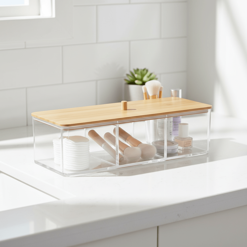 Oppbevaringsboks med bambuslokk 23 x 9,5 x 6,5 cm - Lindas Dekor