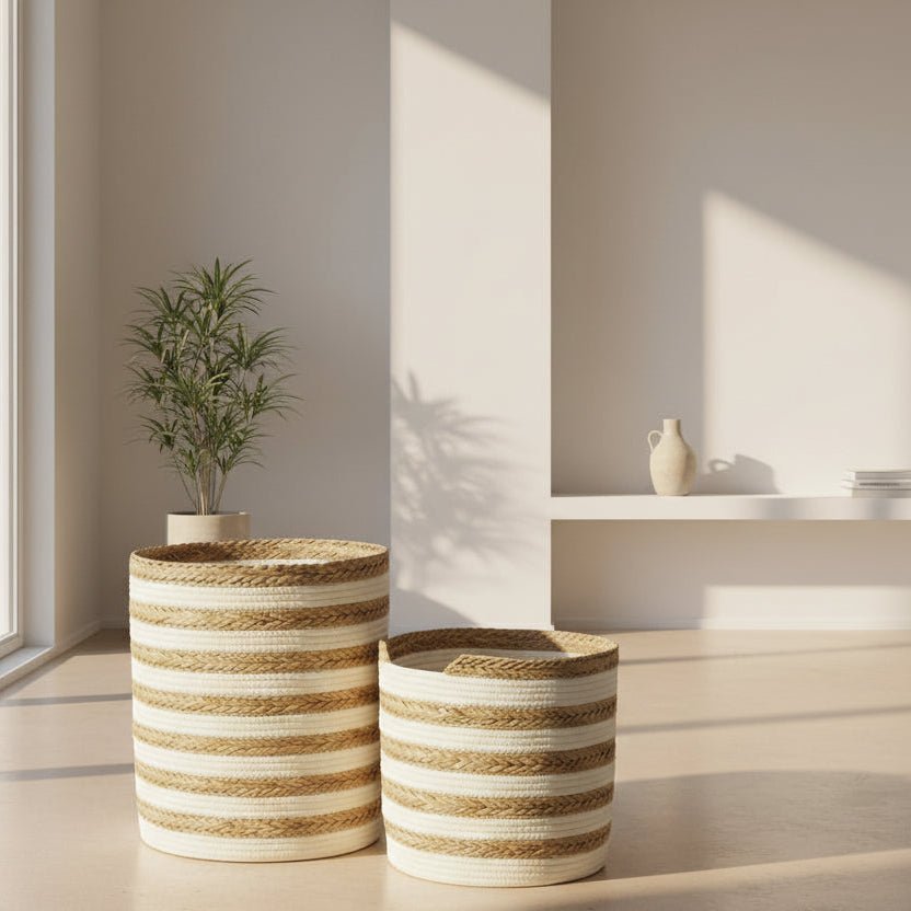 2 - pk Oppbevaringskurver Stripet Hvit/Natur - Lindas Dekor